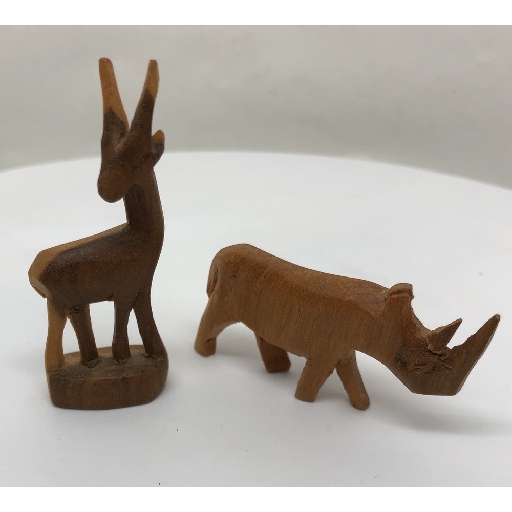 2 Vintage African Hand Carved Wood Figures Toy, Elk and Rhino 1" Rhinoceros